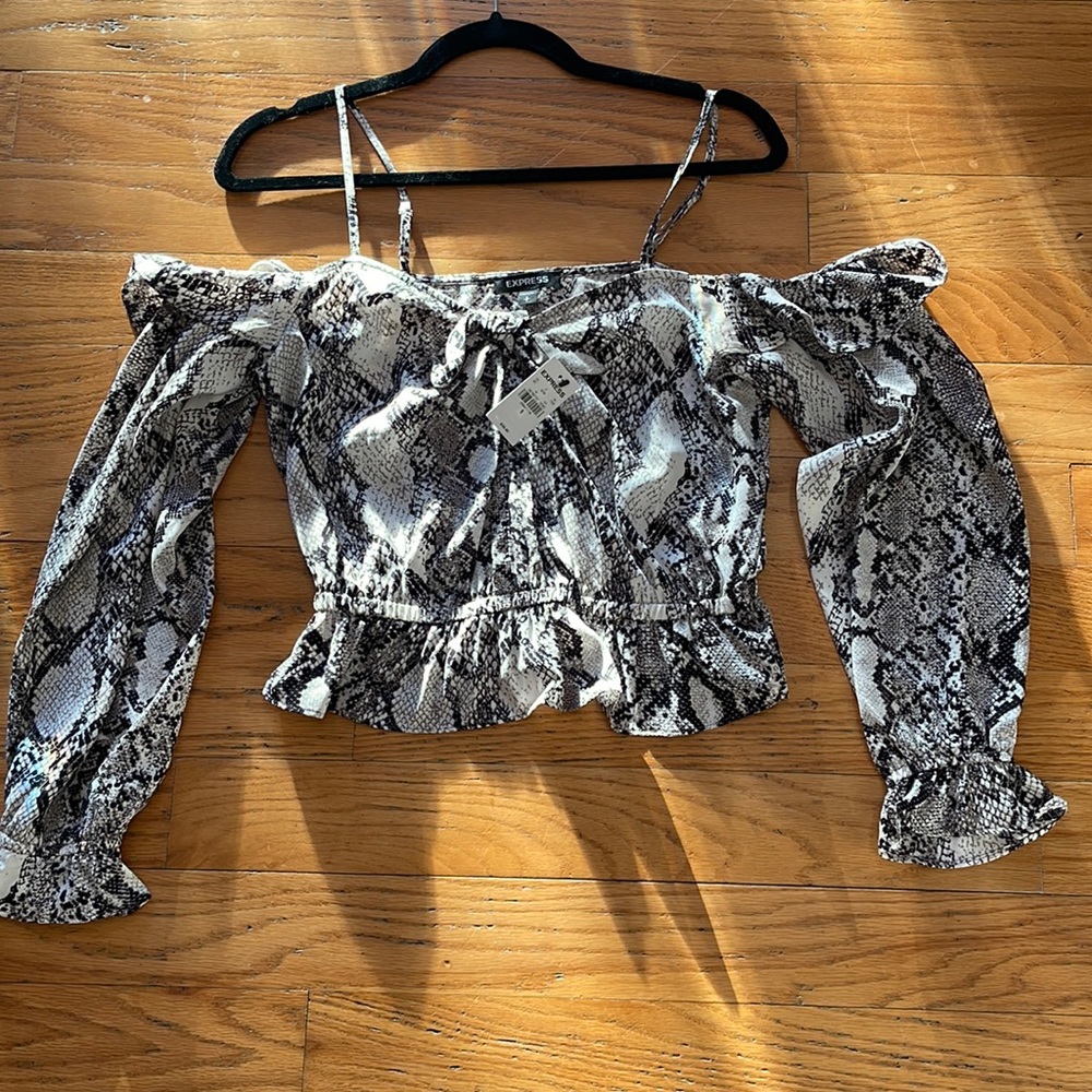 Snake print off the shoulder crop top from EXPRESS